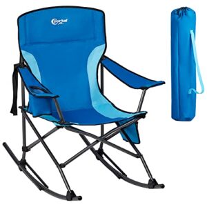 portal folding camping rocking chair portable outdoor rocker high back cup holder side pocket carry bag included, support 300 lbs (blue)