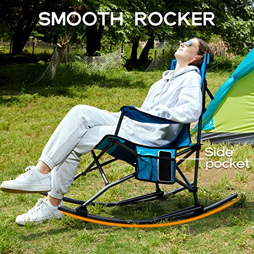 PORTAL Folding Camping Rocking Chair Portable Outdoor Rocker High Back Cup Holder Side Pocket Carry Bag Included, Support 300 lbs (Blue)