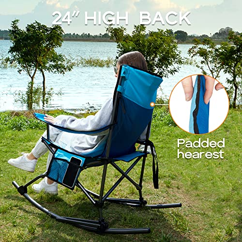 PORTAL Folding Camping Rocking Chair Portable Outdoor Rocker High Back Cup Holder Side Pocket Carry Bag Included, Support 300 lbs (Blue)