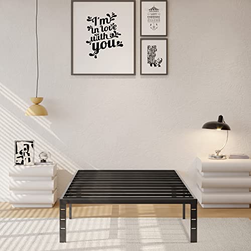 zunatu 14 Inch Twin Metal Bed Frame Foundation No Box Spring Needed Heavy Duty Tall Platform with Large Storage Easy Assembly Mattress Noise Free, Black