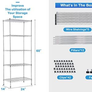 Metal Shelving, 5 Tier 750 Lbs Capacity Wire Shelving with Leveling Feet, Nsf Certified Metal Shelves for Kitchen Pantry Closet Laundry Bathroom Office, 5-shelf Metal Storage Shelves Storage Rack