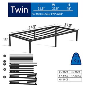 Vengarus 18inch Tall Heavy Duty Twin Bed Frame No Box Spring Needed, Metal Platform Bed Frame Twin with Steel Slat, Easy Assembly, Noise Free, Black