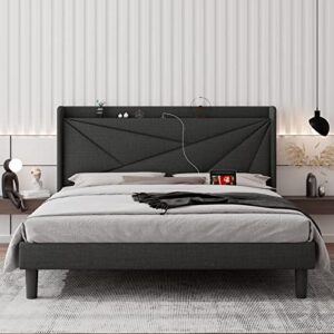 ipormis king size upholstered platform bed frame with type c & usb ports and storage headboard, geometric bed frame with wingback, wood slats, noise-free, no box spring needed, dark grey