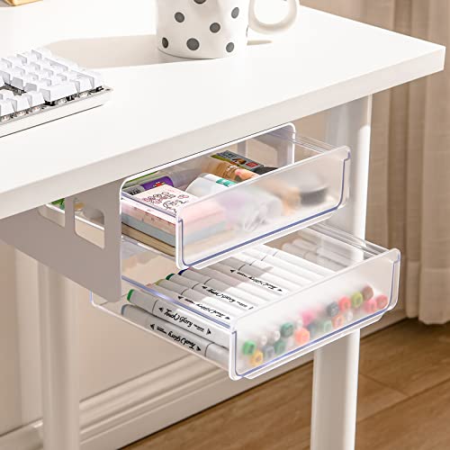 ZHAIXIAONIAN Under Desk Drawer Organizer Slide Out, Storage with 2 Layers, Self Adhesive Drawer, Organizers and Accessories, Stick on Table for Office/Home