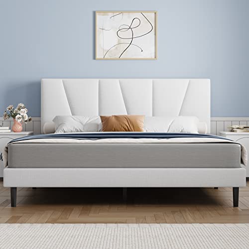 Molblly Queen Bed Frame Upholstered Platform with Headboard and Strong Wooden Slats, Strong Weight Capacity, Non-Slip and Noise-Free,No Box Spring Needed, Easy Assembly,Off-White