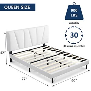 Molblly Queen Bed Frame Upholstered Platform with Headboard and Strong Wooden Slats, Strong Weight Capacity, Non-Slip and Noise-Free,No Box Spring Needed, Easy Assembly,Off-White