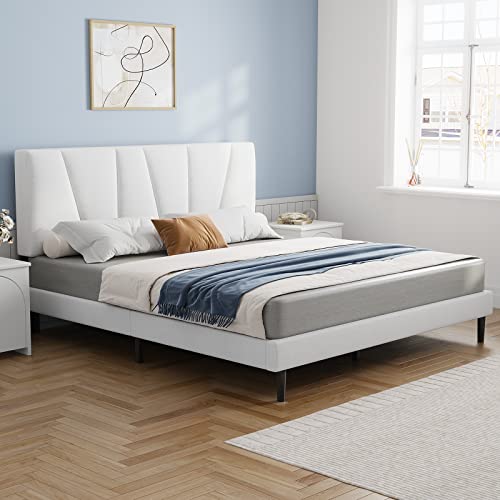 Molblly Twin Bed Frame Upholstered Platform with Headboard and Strong Wooden Slats, Strong Weight Capacity, Non-Slip and Noise-Free,No Box Spring Needed, Easy Assembly,Off-White