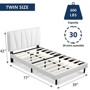 Molblly Twin Bed Frame Upholstered Platform with Headboard and Strong Wooden Slats, Strong Weight Capacity, Non-Slip and Noise-Free,No Box Spring Needed, Easy Assembly,Off-White