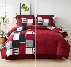junsey 8 pcs bed in a bag queen size, red black plaid comforter with flat sheet,fitted sheet, bed skirt, pillowcases & shams, burgundy patchwork down alternative bedding comforter with sheet