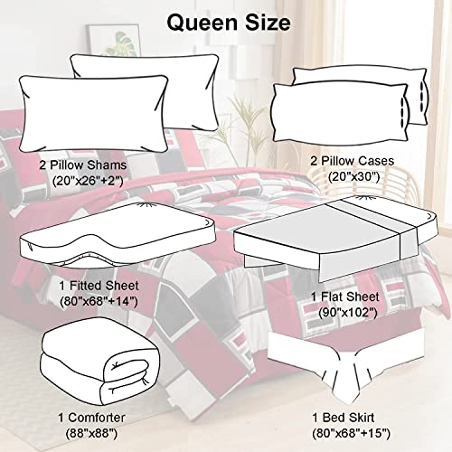 Junsey 8 Pcs Bed in A Bag Queen Size, Red Black Plaid Comforter with Flat Sheet,Fitted Sheet, Bed Skirt, Pillowcases & Shams, Burgundy Patchwork Down Alternative Bedding Comforter with Sheet