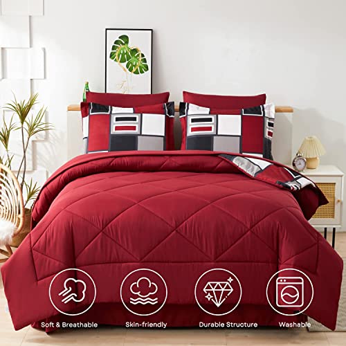 Junsey 8 Pcs Bed in A Bag Queen Size, Red Black Plaid Comforter with Flat Sheet,Fitted Sheet, Bed Skirt, Pillowcases & Shams, Burgundy Patchwork Down Alternative Bedding Comforter with Sheet