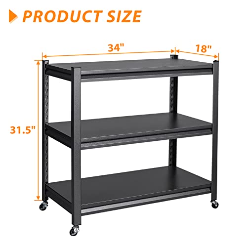 Anxxsu Garage Storage Shelves Heavy Duty, 3-Tier Metal Shelving Unit with Wheels, Large Capacity Storage Racks and Shelving, Utility Shelf Racks for Garage Kitchen Basement Warehouse