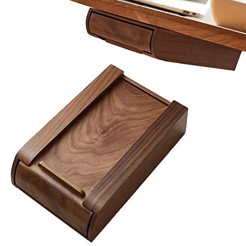 Under Desk Wooden Storage Box Drawer Storage Walnut Bamboo Wood Attachable Under Desk Storage Drawer Cutlery Storage Office Stationery Sundries Storage Box Strong Adhesive Hidden Drawer (Walnut,L)