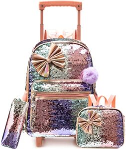 bowknot rolling backpack for girls roller backpacks with wheels kids wheeled sequin suitcase trolley trip luggage for elementary school student with lunch box pencil case for kids 5-12 years old