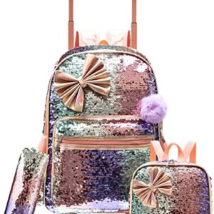 Bowknot Rolling Backpack for Girls Roller Backpacks with Wheels Kids Wheeled Sequin Suitcase Trolley Trip Luggage for Elementary School Student with Lunch Box Pencil Case for Kids 5-12 Years Old