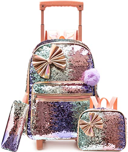 Bowknot Rolling Backpack for Girls Roller Backpacks with Wheels Kids Wheeled Sequin Suitcase Trolley Trip Luggage for Elementary School Student with Lunch Box Pencil Case for Kids 5-12 Years Old