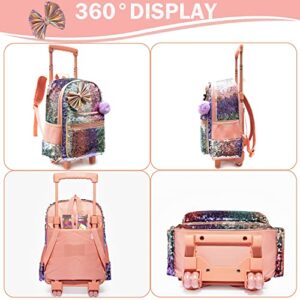 Bowknot Rolling Backpack for Girls Roller Backpacks with Wheels Kids Wheeled Sequin Suitcase Trolley Trip Luggage for Elementary School Student with Lunch Box Pencil Case for Kids 5-12 Years Old