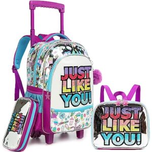 meetbelify rolling backpack for girls backpack with wheels kids luggage for elementary students with lunch box set for girls purple