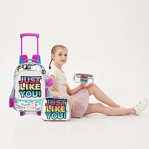 Meetbelify Rolling Backpack for Girls Backpack with Wheels Kids Luggage for Elementary Students with Lunch Box Set for Girls Purple