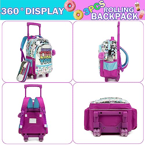 Meetbelify Rolling Backpack for Girls Backpack with Wheels Kids Luggage for Elementary Students with Lunch Box Set for Girls Purple