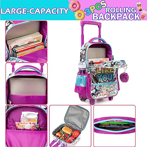 Meetbelify Rolling Backpack for Girls Backpack with Wheels Kids Luggage for Elementary Students with Lunch Box Set for Girls Purple