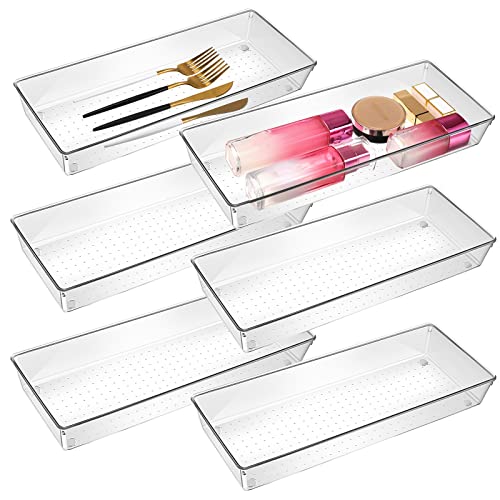 6 Pack Clear Plastic Drawer Organizer Makeup Drawer Organizer 15 x 6 x 2 Inch Long Stackable Drawer Organizers Cutlery Utensil Storage Bins Desk Drawer Organizer Tray for Makeup Kitchen Silverware