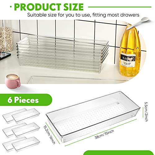 6 Pack Clear Plastic Drawer Organizer Makeup Drawer Organizer 15 x 6 x 2 Inch Long Stackable Drawer Organizers Cutlery Utensil Storage Bins Desk Drawer Organizer Tray for Makeup Kitchen Silverware