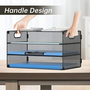 DALTACK 3 Tier Letter Tray Paper Organizer with Handle, Mesh Desk File Organizer, Paper Tray Desk Organizer for School Office Home, Black