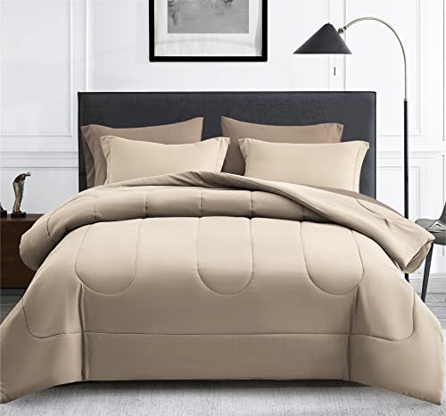 Maple&Stone Twin XL Comforter Set 5 Pieces Bed in a Bag - Down Alternative Bed Set with Sheets, Pillowcase & Sham, Soft Reversible Duvet Insert for Twin XL Bed, Khaki