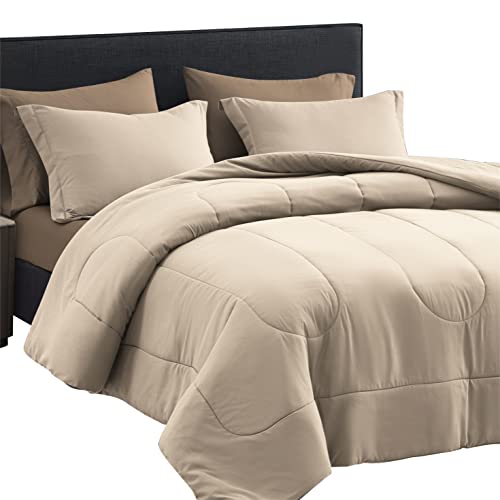Maple&Stone Twin XL Comforter Set 5 Pieces Bed in a Bag - Down Alternative Bed Set with Sheets, Pillowcase & Sham, Soft Reversible Duvet Insert for Twin XL Bed, Khaki