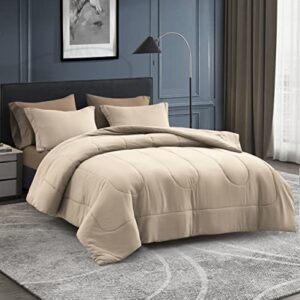 Maple&Stone Twin XL Comforter Set 5 Pieces Bed in a Bag - Down Alternative Bed Set with Sheets, Pillowcase & Sham, Soft Reversible Duvet Insert for Twin XL Bed, Khaki