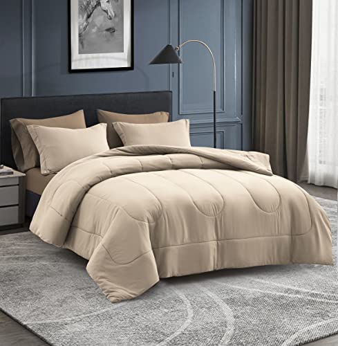 Maple&Stone Twin XL Comforter Set 5 Pieces Bed in a Bag - Down Alternative Bed Set with Sheets, Pillowcase & Sham, Soft Reversible Duvet Insert for Twin XL Bed, Khaki