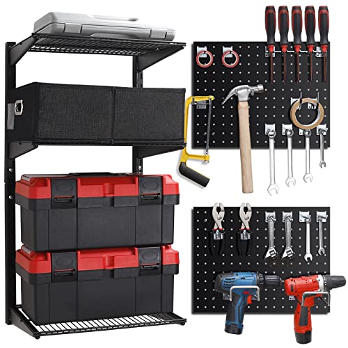 Homde Garage Storage Wall Organizer Garage Shelving, Heavy Duty Garage Tool Organizer Wall Mount Adjustable Garage Storage Organization System Utility Tool Rack with Pegboard Wall Organizer