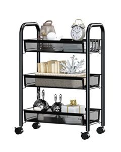 rolling storage cart 3-tier metal mesh basket shelves kitchen organizer with wheels(black)
