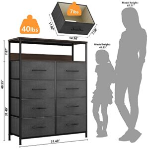 WARM&LOVE 8 Drawer Dresser with 2-Layer Shelf, Chest of Drawers for Bedroom, Closet, Fabric Storage Tower Organizer with Sturdy Metal Frame, Wooden Top, Fabric Dresser for Bedroom