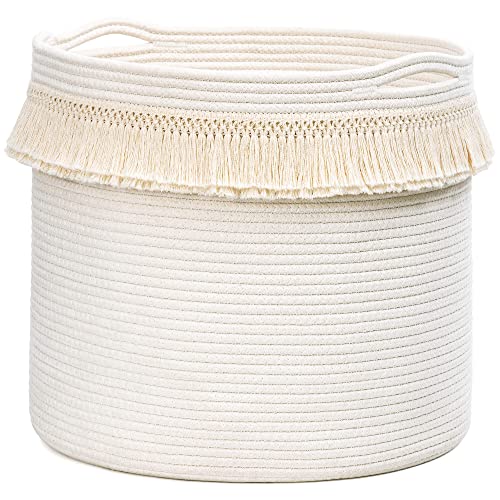 CherryNow Woven Storage Basket Boho Round Basket with Macrame Tassel Large Decorative Rope Basket in Living Room, Bathroom Cute Baby Basket for Toy, Towel, Diaper, 15" x14.2'', White