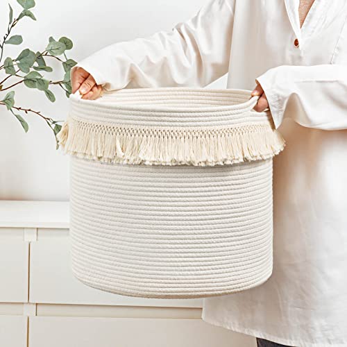 CherryNow Woven Storage Basket Boho Round Basket with Macrame Tassel Large Decorative Rope Basket in Living Room, Bathroom Cute Baby Basket for Toy, Towel, Diaper, 15" x14.2'', White