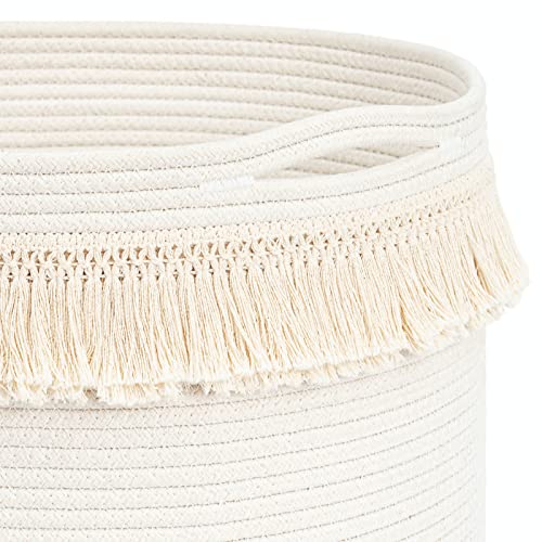 CherryNow Woven Storage Basket Boho Round Basket with Macrame Tassel Large Decorative Rope Basket in Living Room, Bathroom Cute Baby Basket for Toy, Towel, Diaper, 15" x14.2'', White