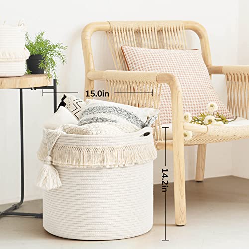 CherryNow Woven Storage Basket Boho Round Basket with Macrame Tassel Large Decorative Rope Basket in Living Room, Bathroom Cute Baby Basket for Toy, Towel, Diaper, 15" x14.2'', White