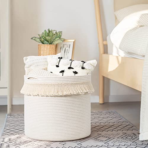 CherryNow Woven Storage Basket Boho Round Basket with Macrame Tassel Large Decorative Rope Basket in Living Room, Bathroom Cute Baby Basket for Toy, Towel, Diaper, 15" x14.2'', White