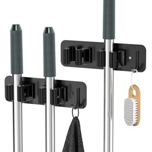 mop broom holder wall mounted sus304 stainless steel, homeasy mop broom organizer with 2 installation methods (no drilling & screw drilling installation 2 in 1), mop hanger heavy duty with hooks, 2pcs