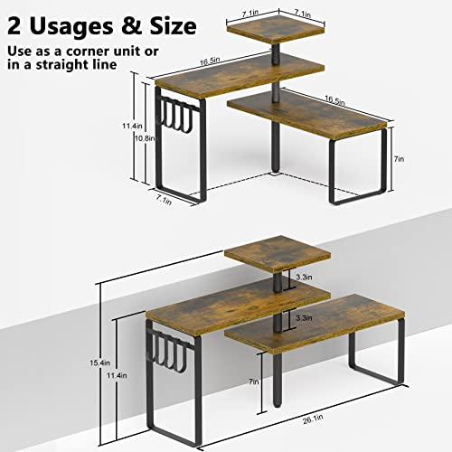 Alsonerbay Kitchen Organizer Countertop Kitchen Organization,3 Tier Corner Shelf Organizer with Removable Hooks for Coffee Station,Bathroom Counter,Dresser Table (Rustic Brown)