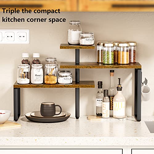 Alsonerbay Kitchen Organizer Countertop Kitchen Organization,3 Tier Corner Shelf Organizer with Removable Hooks for Coffee Station,Bathroom Counter,Dresser Table (Rustic Brown)