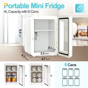 SPECILITE Mini Fridge, 4L/6 Cans AC/DC Skincare Fridge Portable Cooler and Warmer Small Refrigerator Transparent for Bedroom, Beauty, Makeup, Skin Care, Beverage, Cosmetics (White)