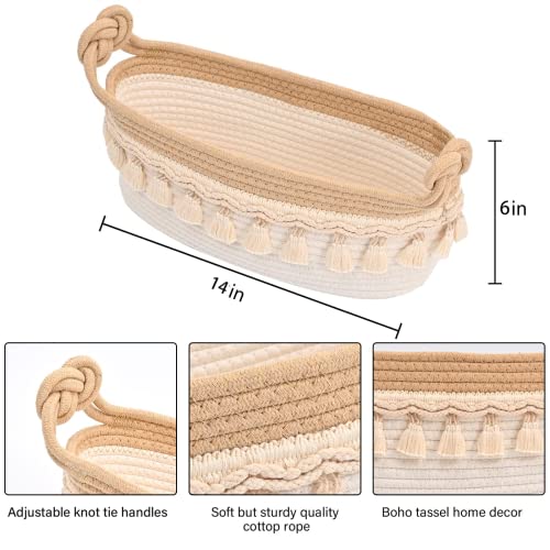 Woven Baskets for Organizing, 14"x5.5"x6" Small Baskets for Gifts Empty Toilet Paper Storage with Knot Tie Handles Decorative Basket for Boho Bathroom Decor Shelves Bedroom Nursery Entryway