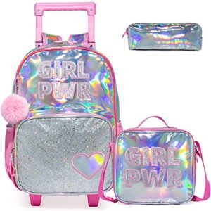 egchescebo kids love rolling roller backpack for girls girl childrens kid suitcases luggage lunch box with wheels school bags 16“ 3pcs kids wheeled backpack pink bright trolley