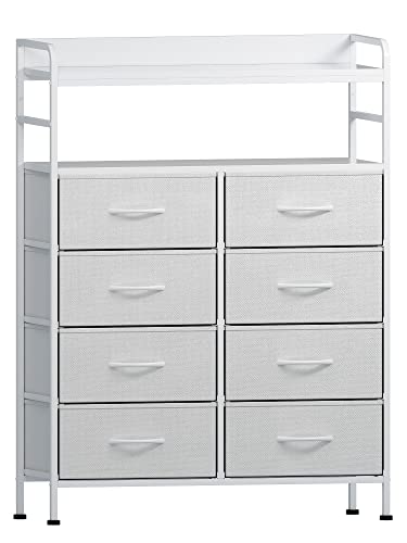 SAILUN Dresser 8 Drawers with Double Shelf, Tall Storage Organizer Unit for Bedroom/Living Room/Entryway, Wooden Front and Top, White