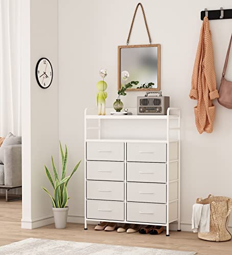 SAILUN Dresser 8 Drawers with Double Shelf, Tall Storage Organizer Unit for Bedroom/Living Room/Entryway, Wooden Front and Top, White