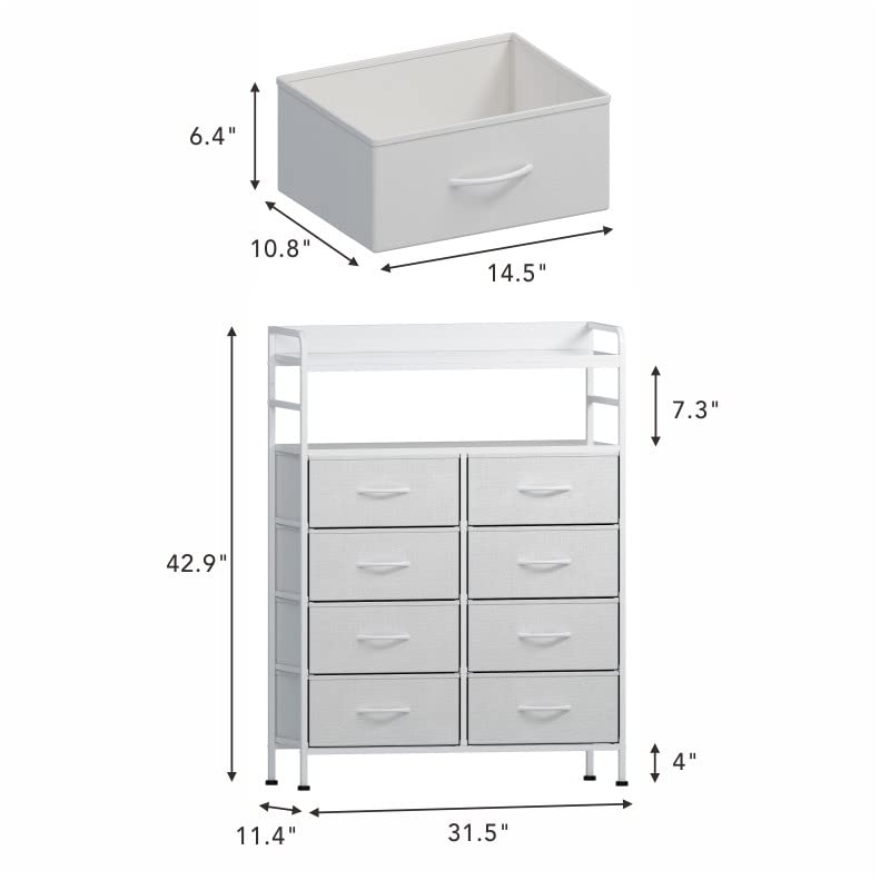 SAILUN Dresser 8 Drawers with Double Shelf, Tall Storage Organizer Unit for Bedroom/Living Room/Entryway, Wooden Front and Top, White