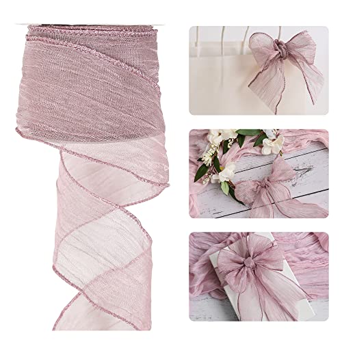 HUIHUANG Dusty Rose Wired Ribbon Crinkle Wire Ribbon 2.5 inch Wide Metallic Wired Wedding Ribbon for Gift Wrapping Basket Wreaths Bows Making Home Decor DIY Crafts Christmas Tree Top Bows-10 Yards